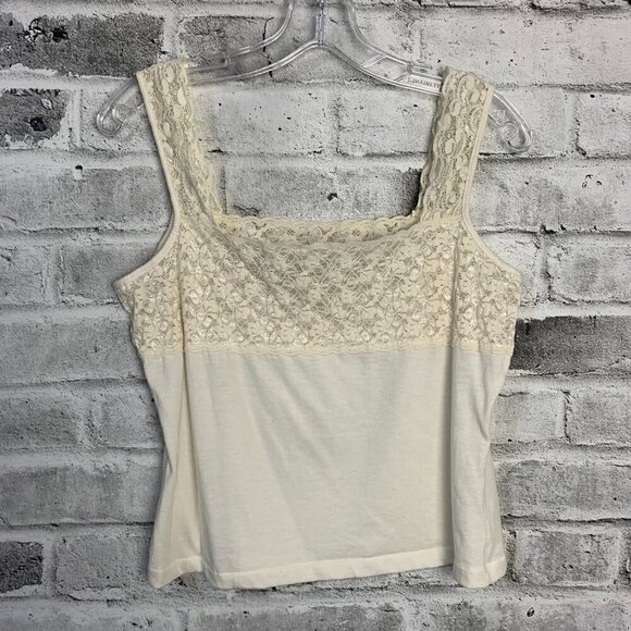 Vintage 90s Y2K Ivory Cotton Sheer Lace Square Neck Crop Tank Top Camisole - Picture 4 of 10
